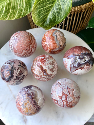 Red Crazy Lace Agate spheres from Mexico