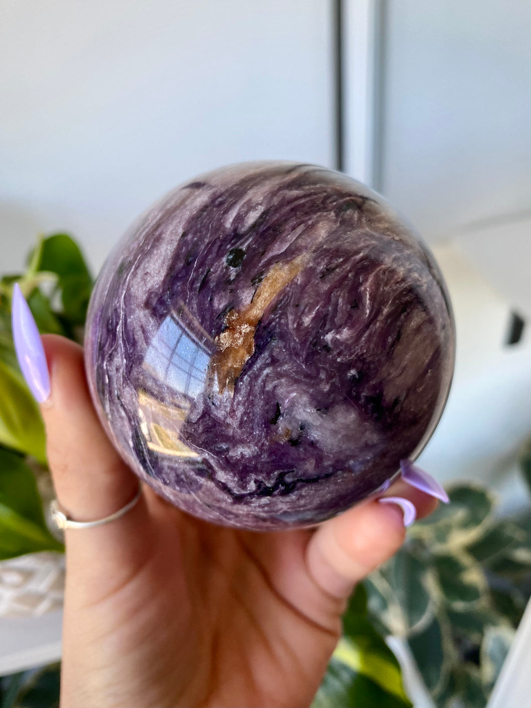 Charoite crystal sphere, charoite stone, charoite gemstone, front