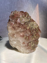 Load image into Gallery viewer, benz calcite crystal, purple calcite with pyrite, red pagoda calcite, large calcite, close up
