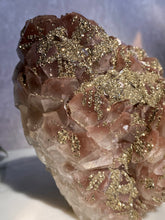 Load image into Gallery viewer, benz calcite crystal, purple calcite with pyrite, red pagoda calcite, large calcite, pyrite close up
