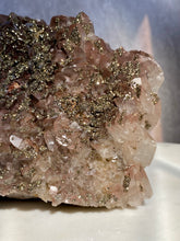 Load image into Gallery viewer, benz calcite crystal, purple calcite with pyrite, red pagoda calcite, large calcite, side details
