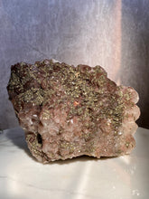 Load image into Gallery viewer, benz calcite crystal, purple calcite with pyrite, red pagoda calcite, large calcite, front
