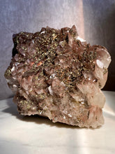 Load image into Gallery viewer, benz calcite crystal, purple calcite with pyrite, red pagoda calcite, large calcite, side
