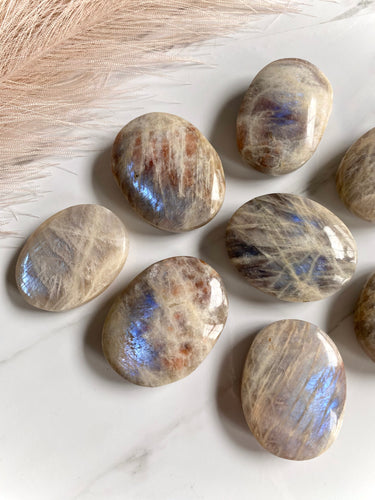 blue flash moonstone, flashy moonstone and sunstone palm stones, group