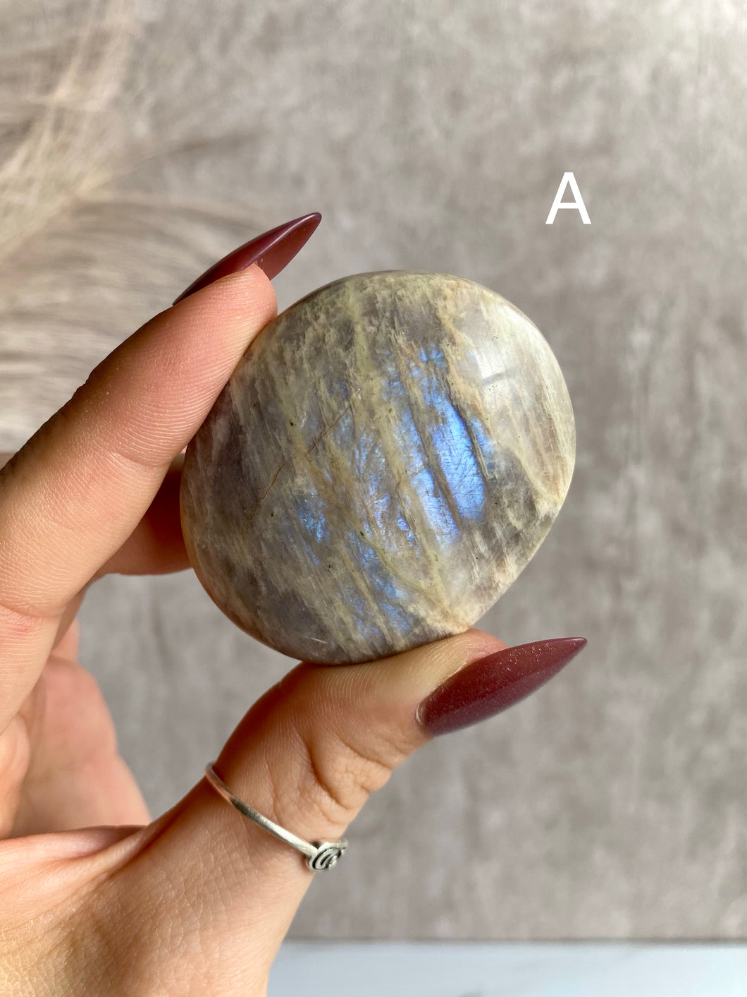 blue flash moonstone, flashy moonstone and sunstone palm stone, variant a