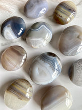 Load image into Gallery viewer, Blue agate, Brazilian agate palm stones, banded agate, agate palm stone, group close up
