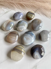 Load image into Gallery viewer, Blue agate, Brazilian agate palm stones, banded agate, agate palm stone, group
