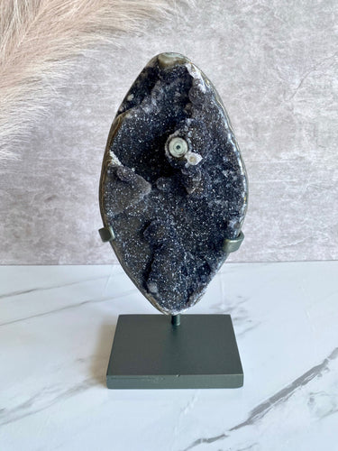 Black Amethyst crystal, amethyst crystal on stand, large amethyst front