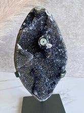 Load image into Gallery viewer, Black Amethyst crystal, amethyst crystal on stand, large amethyst, close up front 
