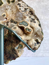 Load image into Gallery viewer, Agate slice on stand, Agate and pink quartz slab, back close-up
