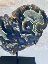 Load image into Gallery viewer, Agate slice on stand, blue agate druzy close-up
