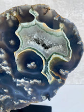 Load image into Gallery viewer, Agate slice on stand, blue agate druzy, druzy close-up
