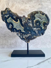 Load image into Gallery viewer, Agate slice on stand, blue agate druzy front
