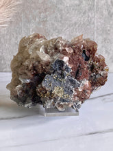 Load image into Gallery viewer, benz calcite crystal, purple calcite with pyrite, red pagoda calcite, large calcite, front
