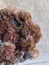 Load image into Gallery viewer, benz calcite crystal, purple calcite with pyrite, red pagoda calcite, large calcite, side detail
