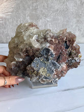 Load image into Gallery viewer, benz calcite crystal, purple calcite with pyrite, red pagoda calcite, large calcite, size reference 
