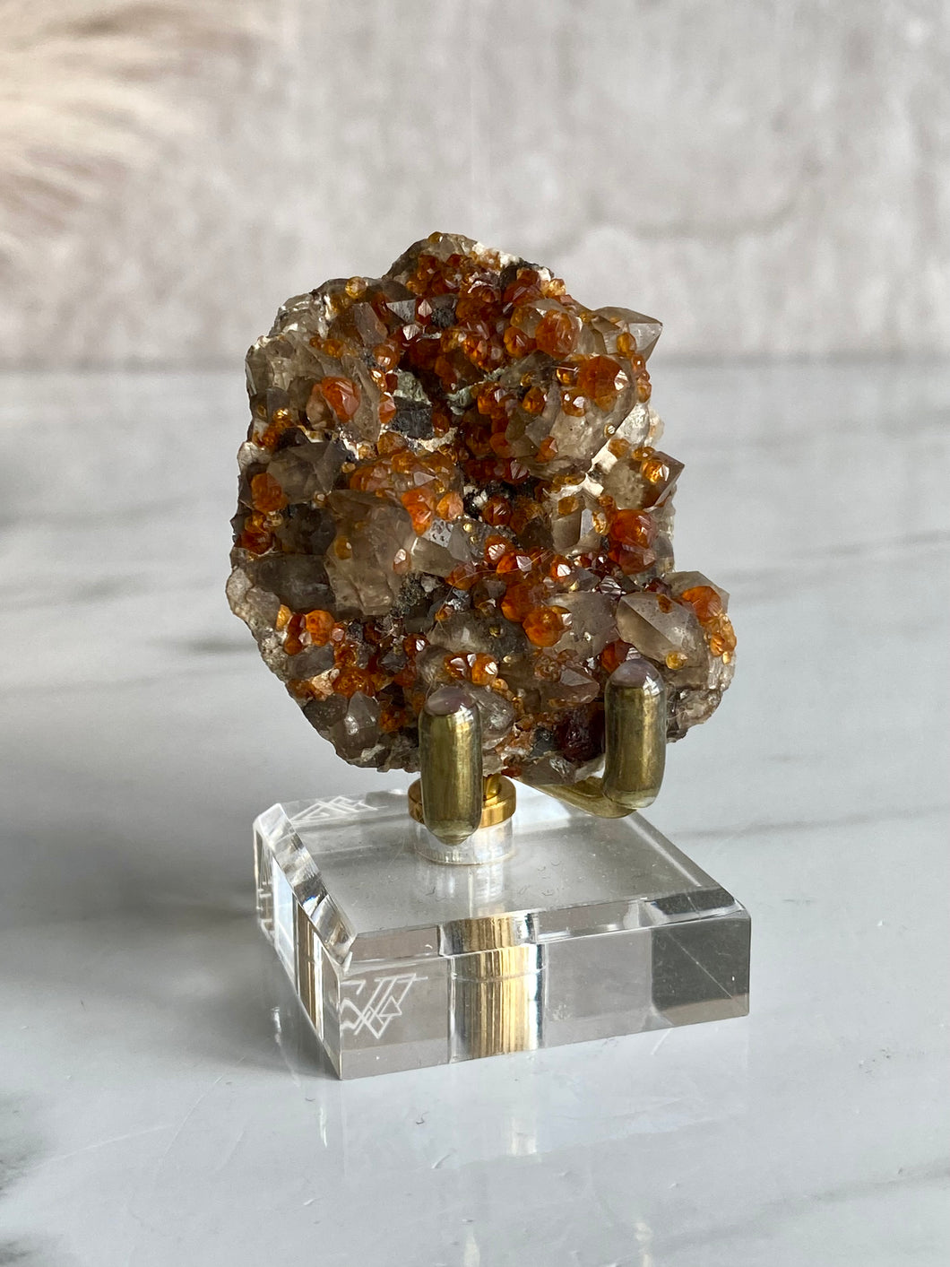 Spessartine garnet and smoky quartz cluster, garnet and smoky quartz, side