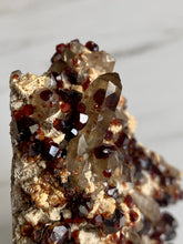 Load image into Gallery viewer, Spessartine garnet and smoky quartz cluster, garnet and smoky quartz, details
