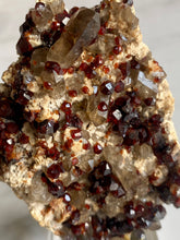 Load image into Gallery viewer, Spessartine garnet and smoky quartz cluster, garnet and smoky quartz, top
