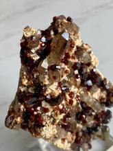 Load image into Gallery viewer, Spessartine garnet and smoky quartz cluster, garnet and smoky quartz, top detail
