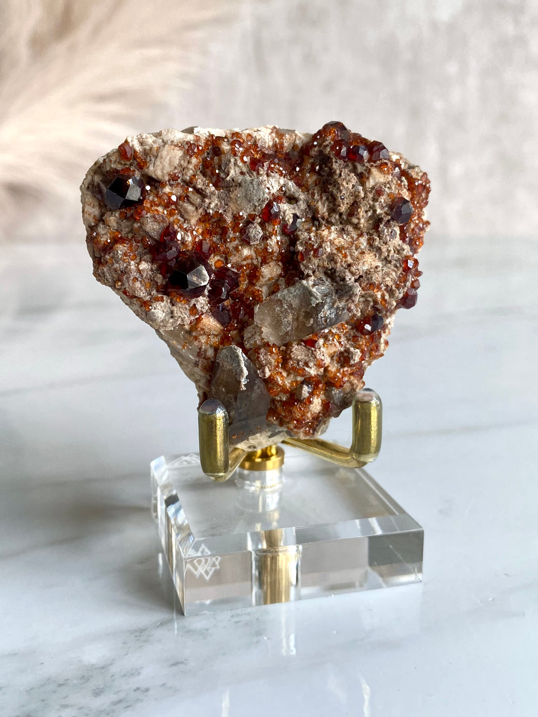 Spessartine garnet and smoky quartz cluster, garnet and smoky quartz,  side