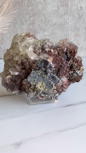 benz calcite crystal, purple calcite with pyrite, red pagoda calcite, large calcite, video