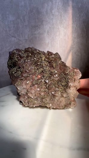 benz calcite crystal, purple calcite with pyrite, red pagoda calcite, large calcite, video